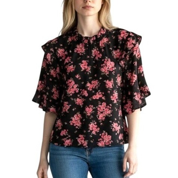CeCe Tops - CeCe Blouse Women Small Black Floral Ruffle Flutter Sleeve Cottagecore Feminine